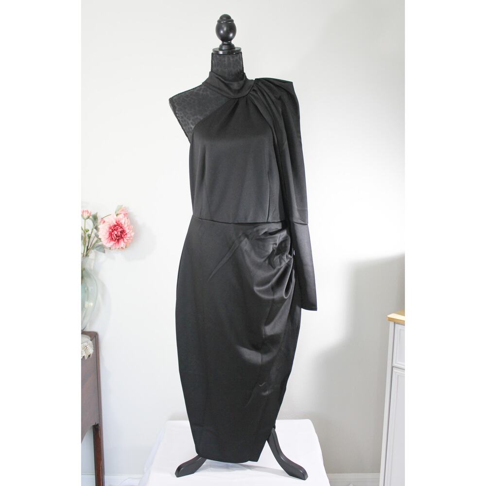 LIVD GiGi Black One Shoulder Leopard Accent Midi Dress 1X Plus Size NWT